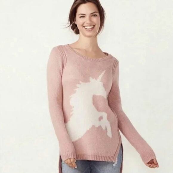 LC Lauren Conrad Women's Pink Unicorn Long Sleeve Sweater Size Medium - Picture 1 of 7
